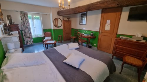 Chambre spacieuse aux Chambres d'hôtes le Clos du Tay à La Gacilly avec lits jumeaux, murs verts, poutres en bois et style rustique
