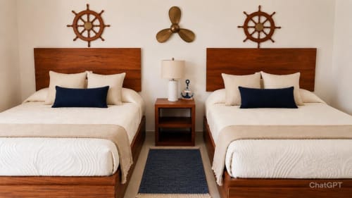Camas gemelas con decoración náutica en el resort frente al mar Mareazul, apartamento Condo Áncora en Playa del Carmen