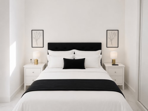 Dormitorio moderno en apartamento Antia Mare de Baiona con cabecero negro, ropa de cama blanca y decoración minimalista