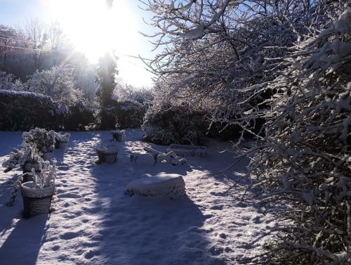 Jardin d'hiver enneigé du gîte La Faerie à Grand'landes avec arbres givrés et mobilier de jardin