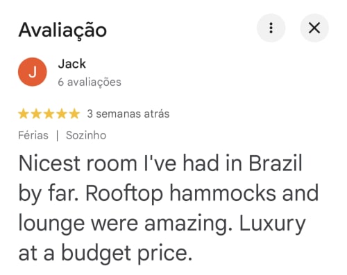 Five-star review by Jack for Praieira Pousada in Itacaré. Guest praises rooftop hammocks and luxury lounge at budget price.