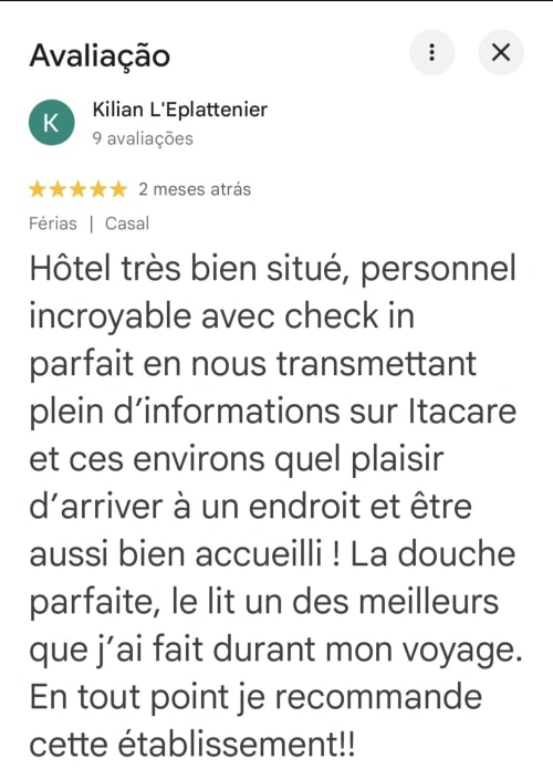 Five-star review by Kilian L'Eplattenier for Praieira Pousada hostel in Itacaré praising staff and accommodations