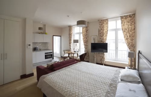 Studio spacieux au Gare Godillot BnB à Saint-Ouen avec lit, kitchenette, canapé et balcon
