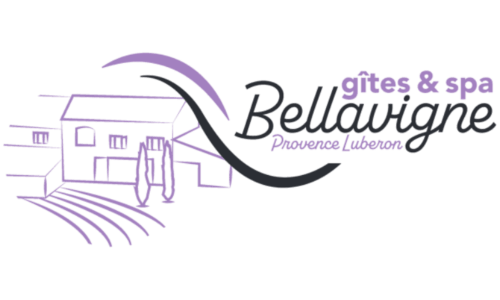 Logo Bellavigne Gîtes & Spa avec maison et champs de lavande en Provence Luberon