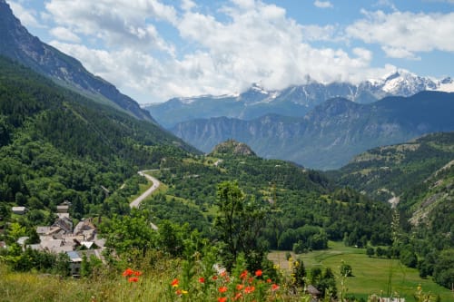 Paysage de vallée alpine avec route sinueuse, montagnes, forêt et fleurs rouges près de Saint-Auban-d'Oze