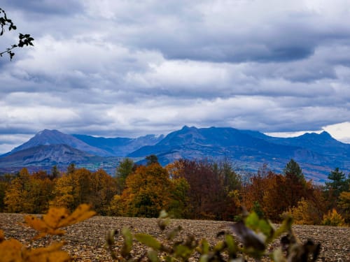 Vue panoramique des Alpes françaises depuis Le Petit Bégou à Saint-Auban-d'Oze, paysage forestier automnal