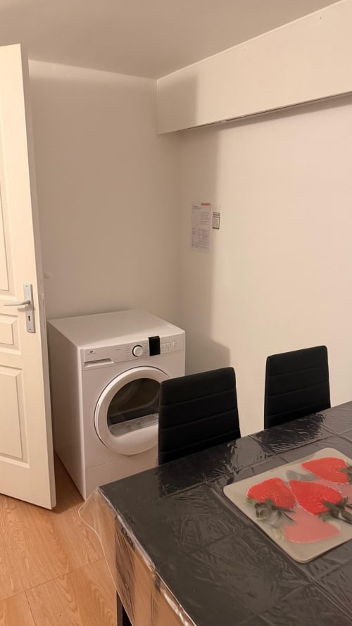 Buanderie avec machine à laver blanche, chaises noires et peinture de coquelicots rouges à l'appartement Kawichimmo à Louvres