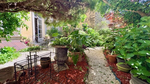 Cour luxuriante d'Entre vignes et dentelles à Courthézon avec sièges, plantes en pots et allées en pierre