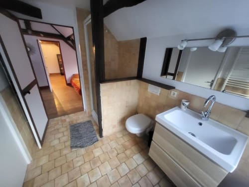 Salle de bain spacieuse au Domaine des Oiseaux de Passage avec lavabo, toilettes, carrelage et miroir à Escolives-Sainte-Camille