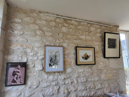 Mur en pierre avec dessins botaniques encadrés et œuvres d'art au Domaine des Oiseaux de Passage, Escolives-Sainte-Camille