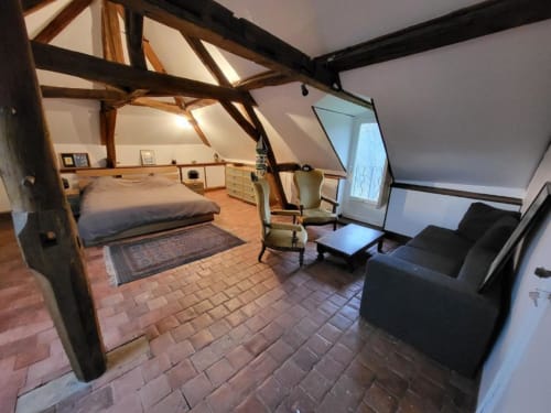 Chambre spacieuse sous les toits au Domaine des Oiseaux de Passage avec poutres apparentes, lit, canapé et vue sur le jardin