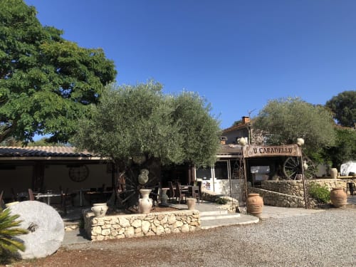 U Caradéllu rustic courtyard with olive trees and stone buildings at Marina di Bravone, Linguizzetta