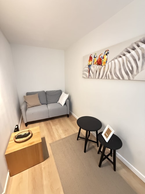Séjour cosy de l'appartement Mattbnb Metz avec canapé gris, tables basses noires et tableaux de perroquets colorés