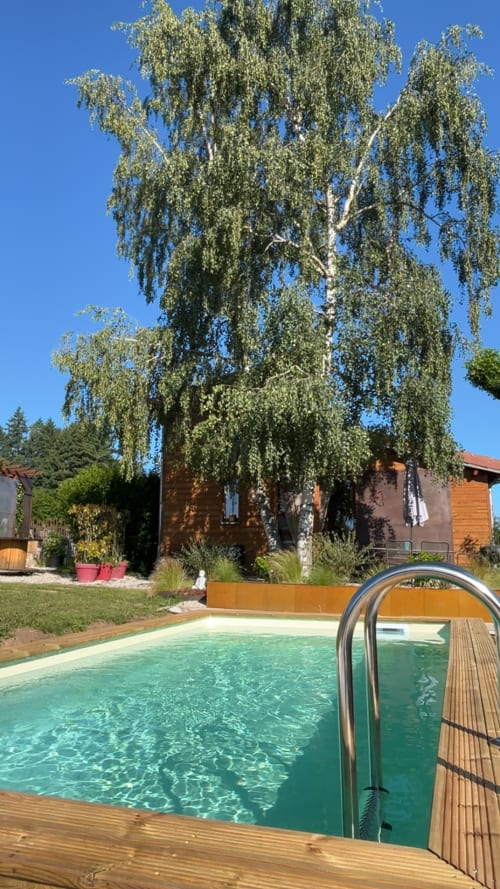Piscine turquoise avec échelle métallique à la Chambre D'hôtes Les Papillons Des Sucs à Saint-Maurice-de-Lignon, avec bouleau