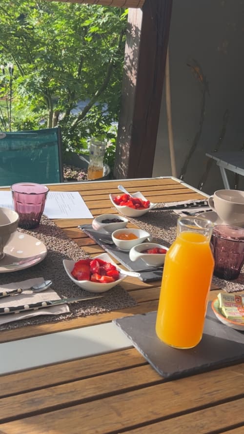 Table de petit-déjeuner en plein air dans un gîte français avec jus frais, fraises et pâtisseries donnant sur le jardin