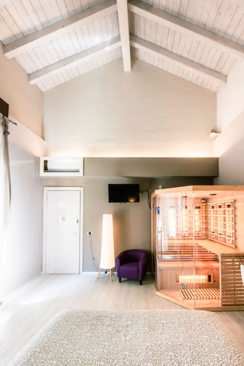 Camera Lilly della Casa Giulietta Como con sauna, poltrona viola, TV e soffitto a volta con lucernario