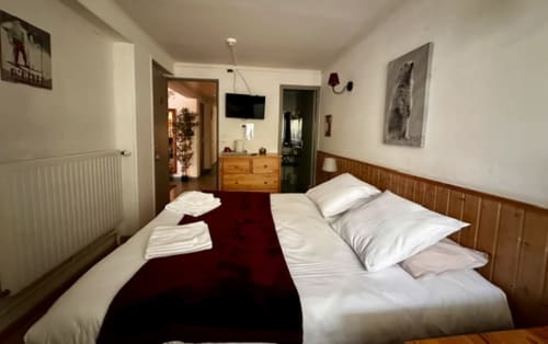 Habitación doble en el Hôtel la Source con TV, cabecero de madera, radiador y comodidades modernas en La Foux