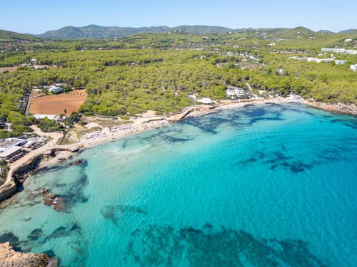 Vista aérea de Apartamentos Playa Sol: playa turquesa, costa rocosa y colinas cubiertas de pinos en Es Canar