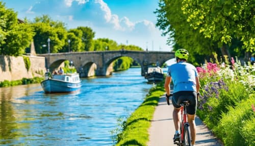Cycliste sur la pittoresque voie du canal près de Cap d'Agde avec un pont de pierre historique et des bateaux