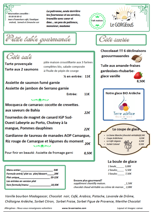 Speisekarte des Restaurants Le Gorgeous in Aiguèze: gehobene französische Küche mit Salaten, Meeresfrüchten, Ente und handwerklich gefertigtem Eis.