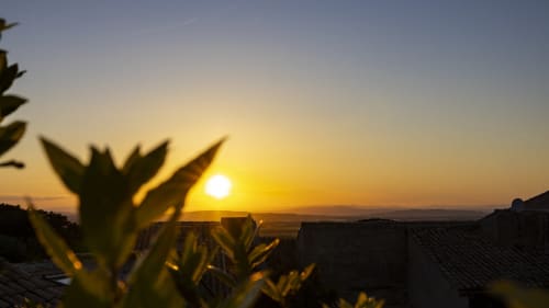 Vue au coucher de soleil depuis La Maison des Jardins à Gigondas avec des plantes fleuries au premier plan