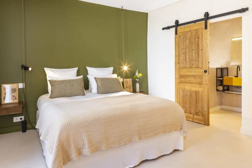 Chambre ensoleillée à La Maison des Jardins avec mur d'accent vert, lit queen-size, salle de bain avec porte grange, Gigondas