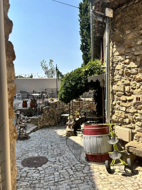 Charmante cour en pierre à La Maison des Jardins à Gigondas avec tonneaux rustiques et espace de détente