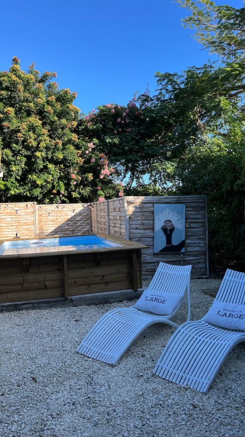 Villa Bleu Guesthouse avec terrasse, chaises longues bleues, plage de piscine en bois et plantes grimpantes fleuries à Saint-François