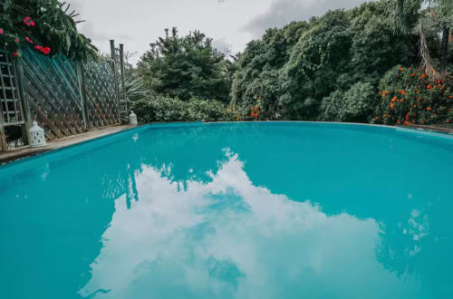 Piscine turquoise de la Guesthouse Bleu à Saint-François avec jardins tropicaux luxuriants et reflet du ciel