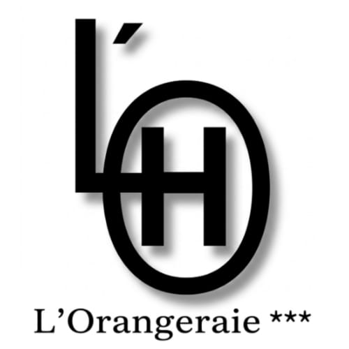 Hôtel l'Orangeraie logo featuring stylized 'H' in oval with decorative serif lettering in Le Lavandou
