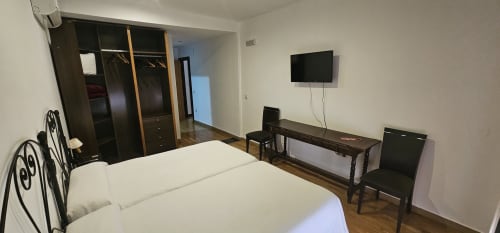 Habitación doble con dos camas en Hostal El Pasaje de Puente Genil, con TV, armario y mobiliario moderno