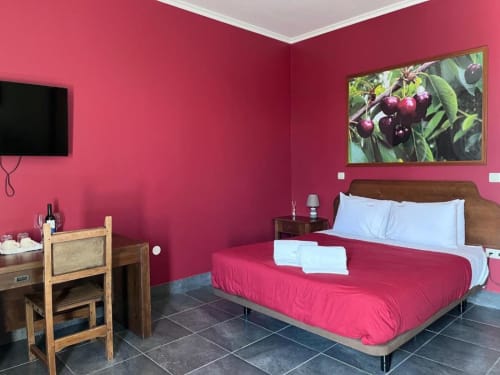 Quarto rosa vibrante na Tranca da Barriga com roupa de cama vermelha, móveis de madeira, TV tela plana e obra de arte com vista para o jardim