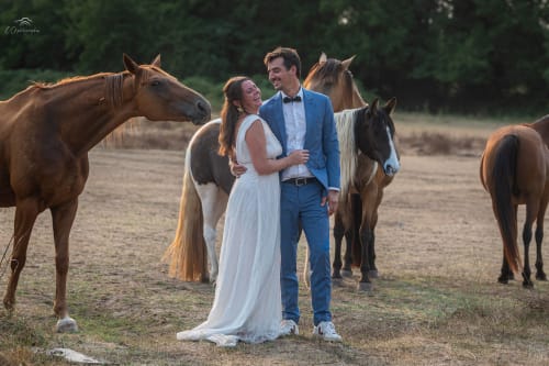 Couple in wedding attire with horses at Domaine De Bafave countryside retreat in Périssac, France