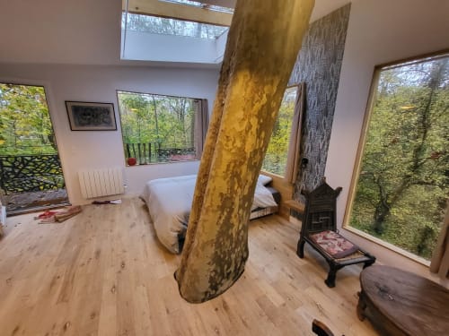 Chambre de cabane dans les arbres avec tronc naturel, lit, fenêtres vue forêt et parquet au Domaine des Oiseaux de Passage