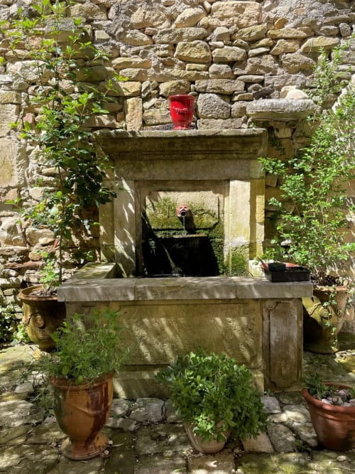 Stone courtyard with historic cannon at Magnanerie de Sainte Croix, Saint Hippolyte de Caton, featuring potted plants and
