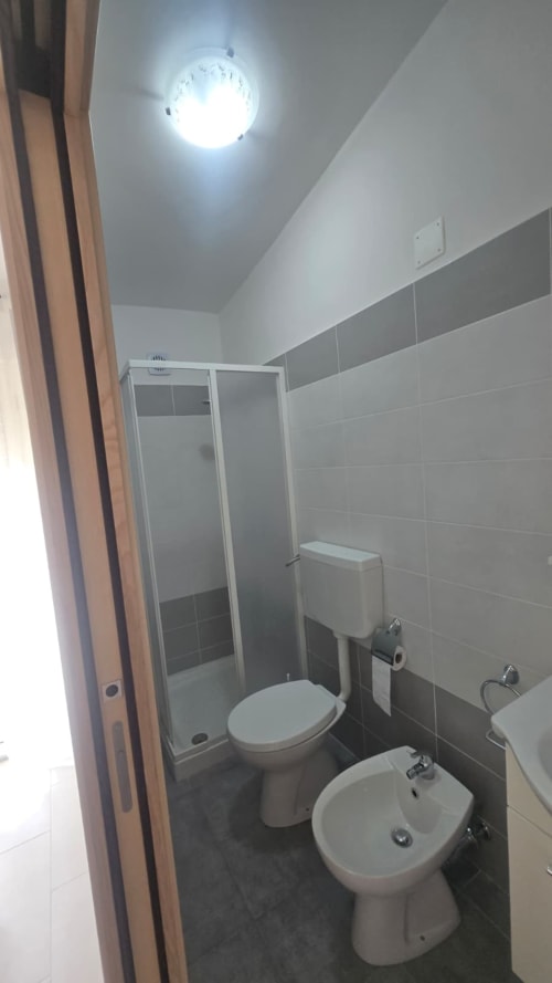 Bagno moderno in appartamento fronte mare con doccia, wc, bidet, lavabo e plafoniera luminosa a Tronca, Italia