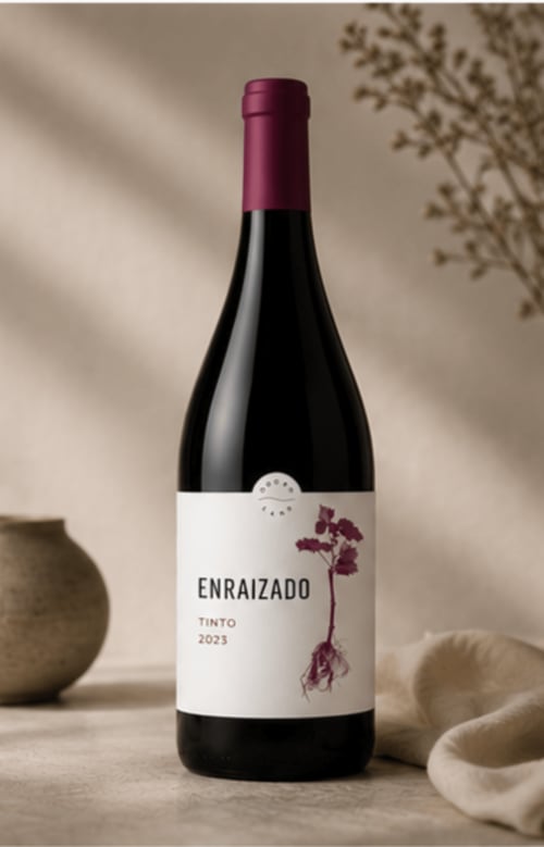 Garrafa de vinho Enraizado Tinto 2023 exibida no hotel Douro Land em Peso da Régua, Portugal