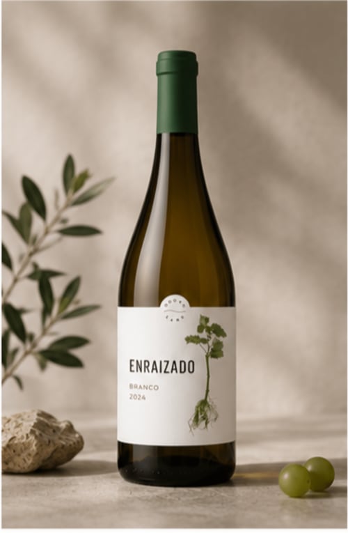 Garrafa de vinho Enraizado Branco 2024 com tampa verde, exibida no hotel Douro Land em Peso da Régua, Portugal
