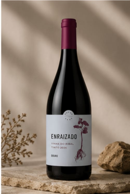 Garrafa de Enraizado Tinto 2024 da região do Douro exposta no hotel Douro Land em Peso da Régua