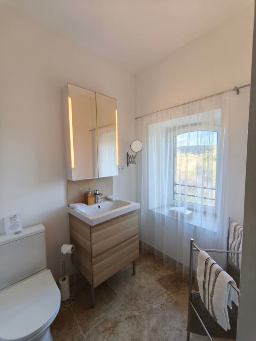 Modern bathroom in Chambre Perle at Magnanerie de Sainte Croix B&B with illuminated mirror cabinet, wooden vanity, toilet,