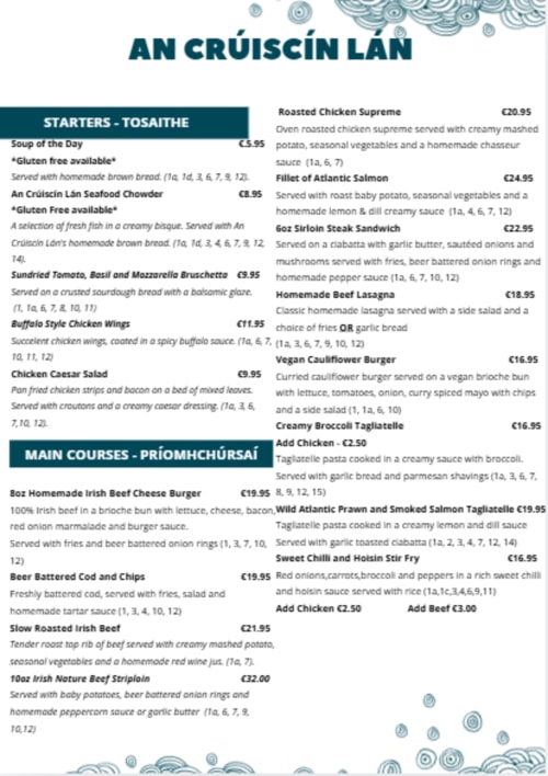 An Cruiscin Lan Hotel Galway menu featuring Irish starters, main courses, seafood and beef dishes with prices