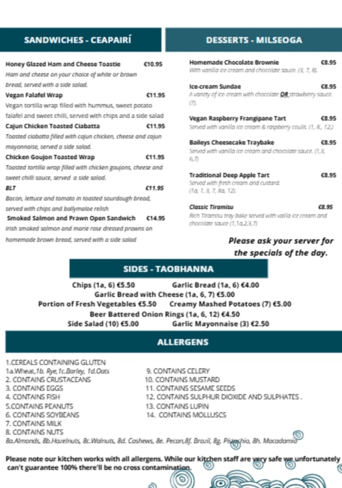 An Cruiscin Lan Hotel Galway menu featuring sandwiches, desserts, sides and allergen information