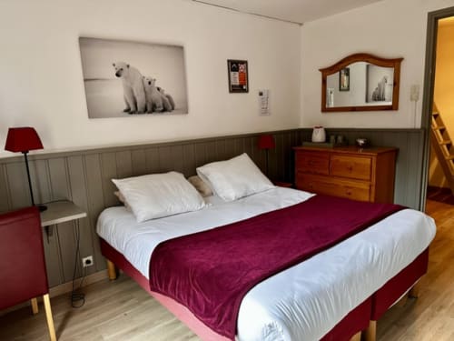 Chambre spacieuse à l'Hôtel la Source avec couvre-lit bordeaux, oreillers blancs, commode en bois, miroir et tableau d'ours polaire
