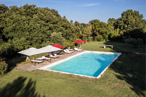 Piscina con lettini e ombrelloni presso Donkeys and Roses, Orte, circondata da giardini verdi