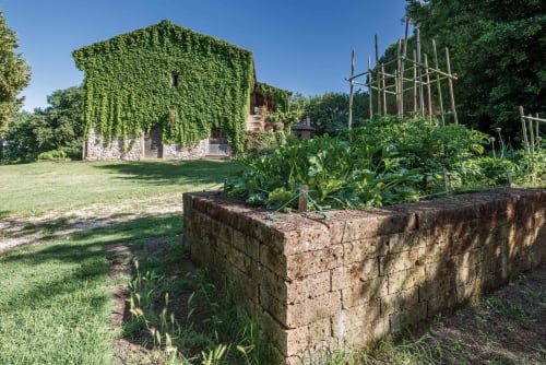 Edificio medievale in pietra ricoperto di edera presso Donkeys and Roses a Viterbo, con orto e tralicci in legno