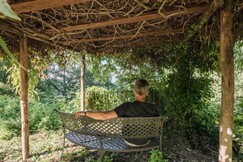 Uomo che si rilassa in poltrona sotto un pergolato a Donkeys and Roses, villa nel Viterbese circondata da lussureggiante vegetazione e viste sulla campagna