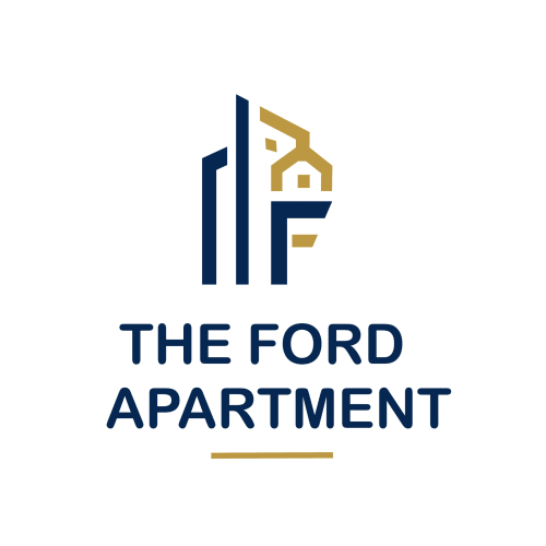 The Ford Apartment logo featuring navy and gold geometric design with house icon and building silhouettes, Perth