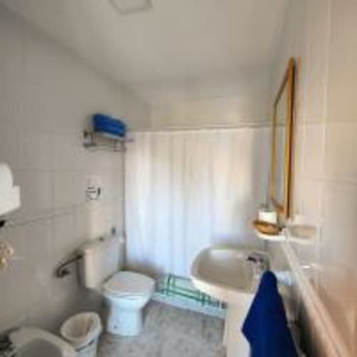 Baño básico con inodoro, lavabo y cortina de ducha en Hostal las Dunas, Cabo de Gata Almería