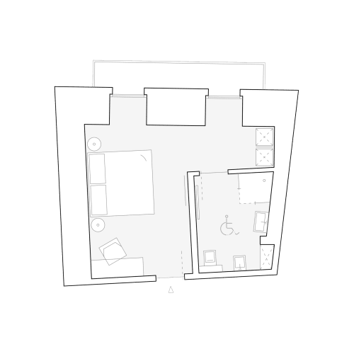 Planimetria della guest house Camere d'Aria a Locana con camera da letto, bagno e servizi accessibili