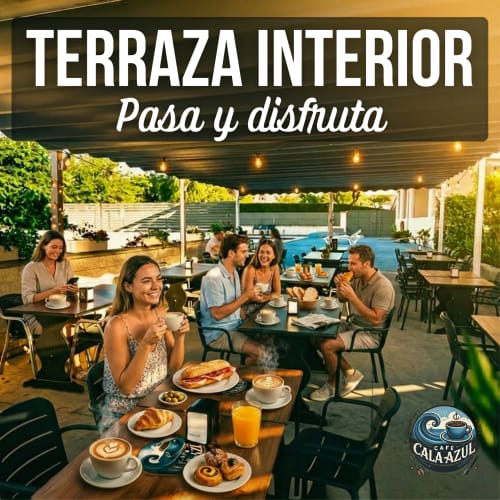 Interior terrace at Cala Azul hotel in Tarragona with guests dining and enjoying coffee by the pool